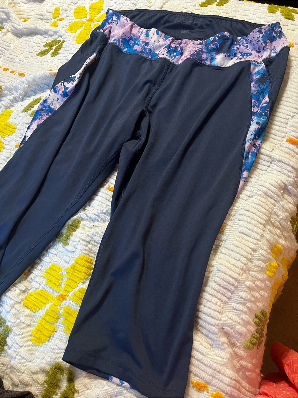 Navy Athletic Capri Leggings with Floral Waistband
